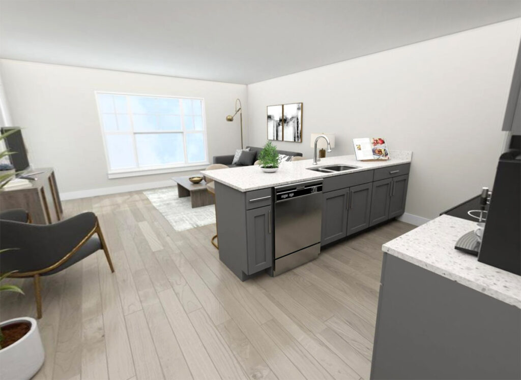 Rendering of kitchen and living room